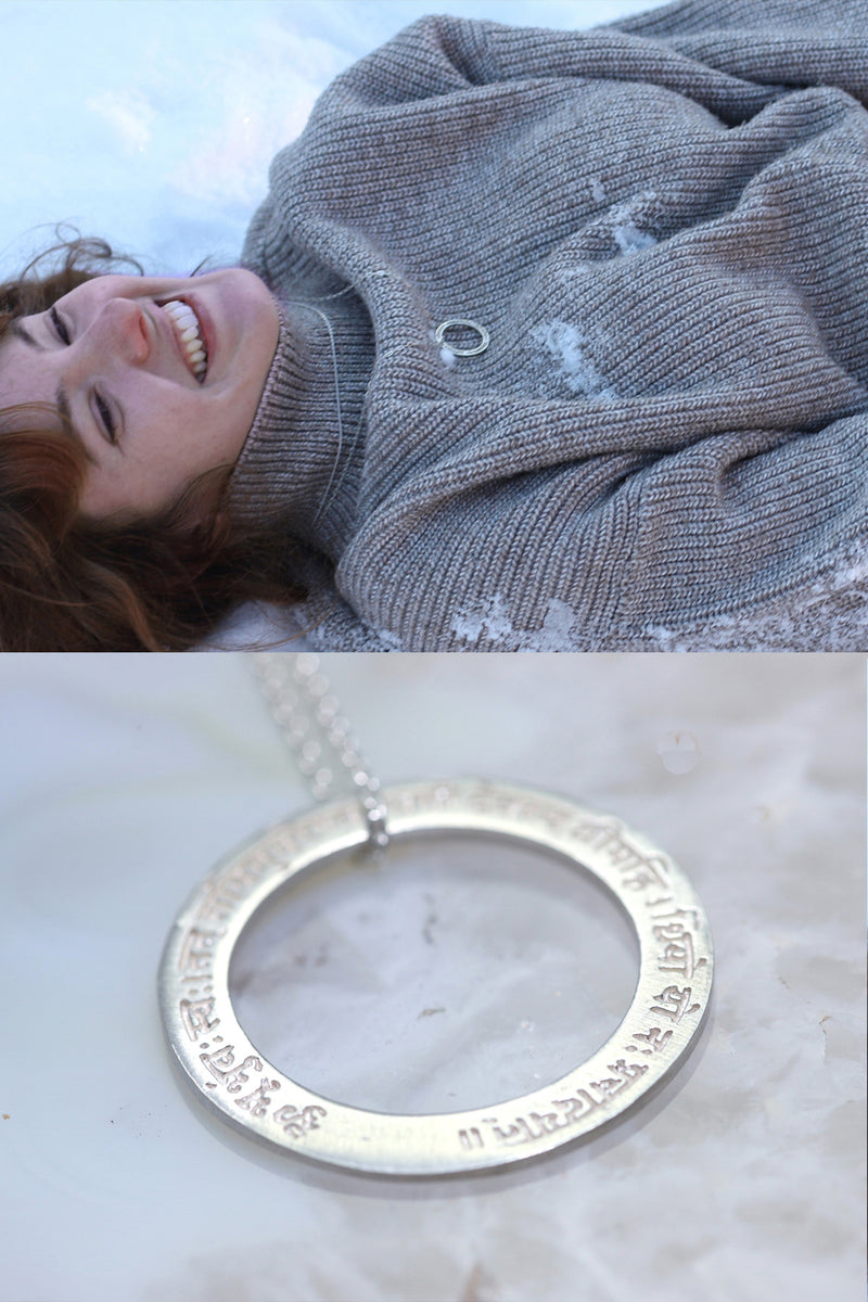 Spiritual jewelry collection: Gayatri Mantra pendant in sterling silver with gemstones