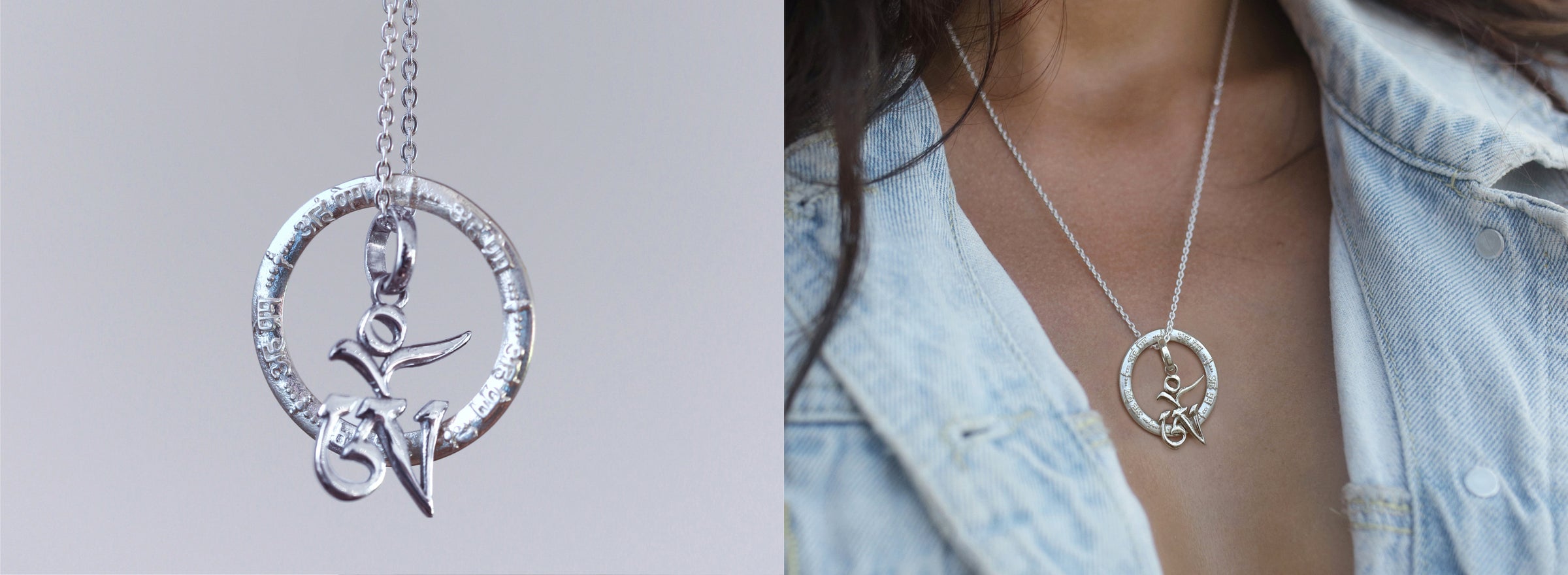 Spirituelle Schmuckkollektion: Halskette "Kosmische Liebe" mit Aham Prema Mantra und tibetischem Om Anhänger