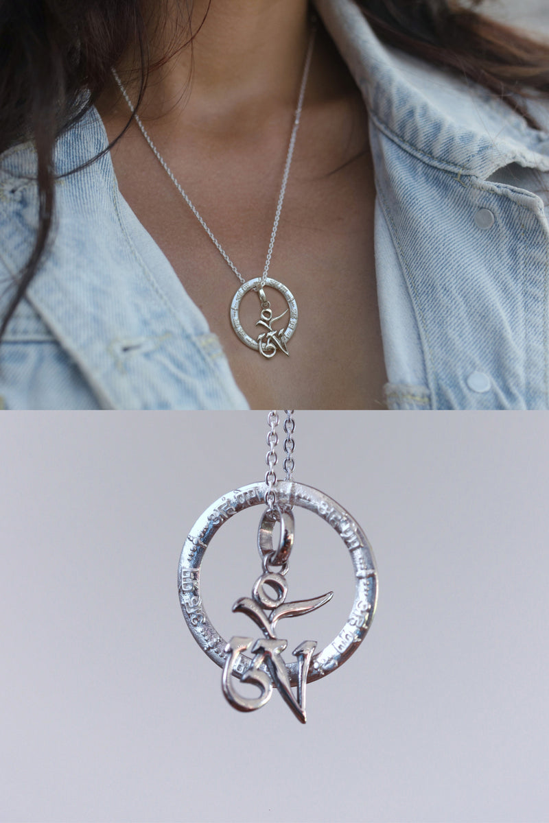 Spiritual jewelry collection: Necklace " Cosmic Love" with Aham Prema mantra pendant and Tibetian Om