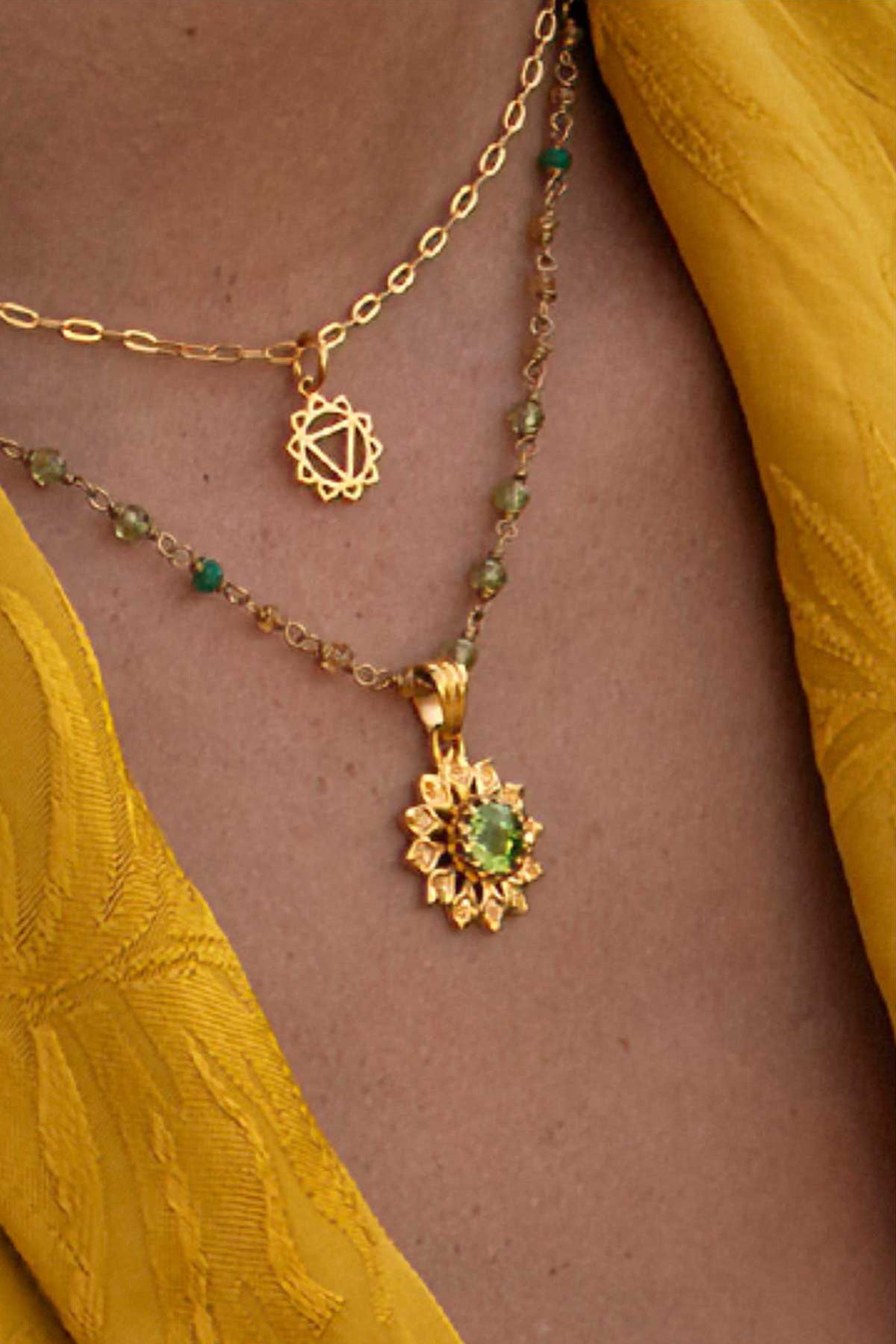 Spiritual jewelry: Steffi, a yoga teacher in Bali, wears various necklaces from the Heart Chakra Collection.