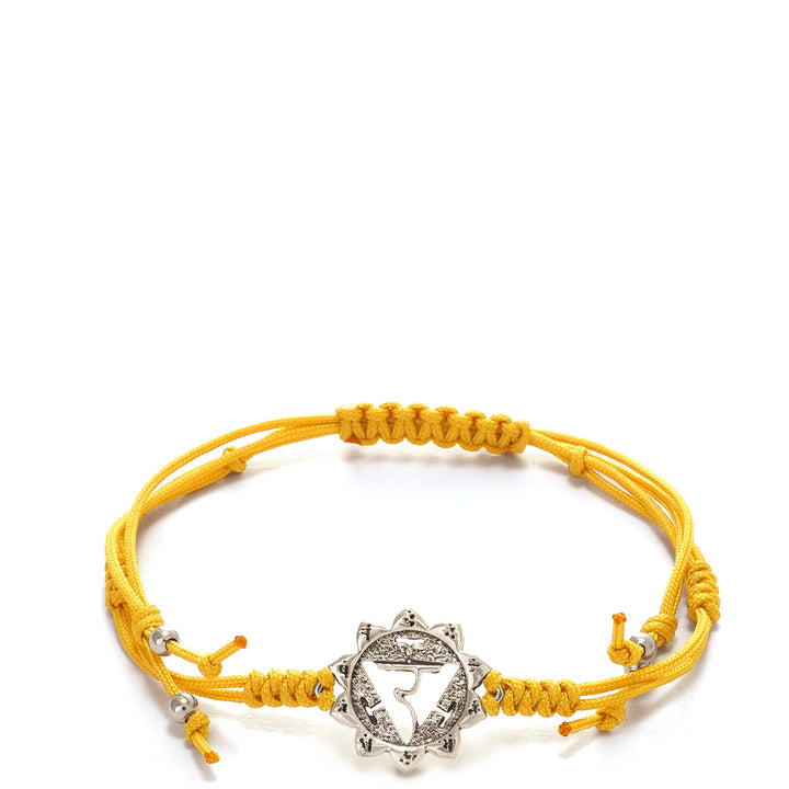 Solar Plexus oder Manipura Chakra Armband mit Chakra Emblem aus hochwertigem Sterling Silber und leuchtend gelber Polyamidkordel von ETERNAL BLISS - Spiritueller Schmucks