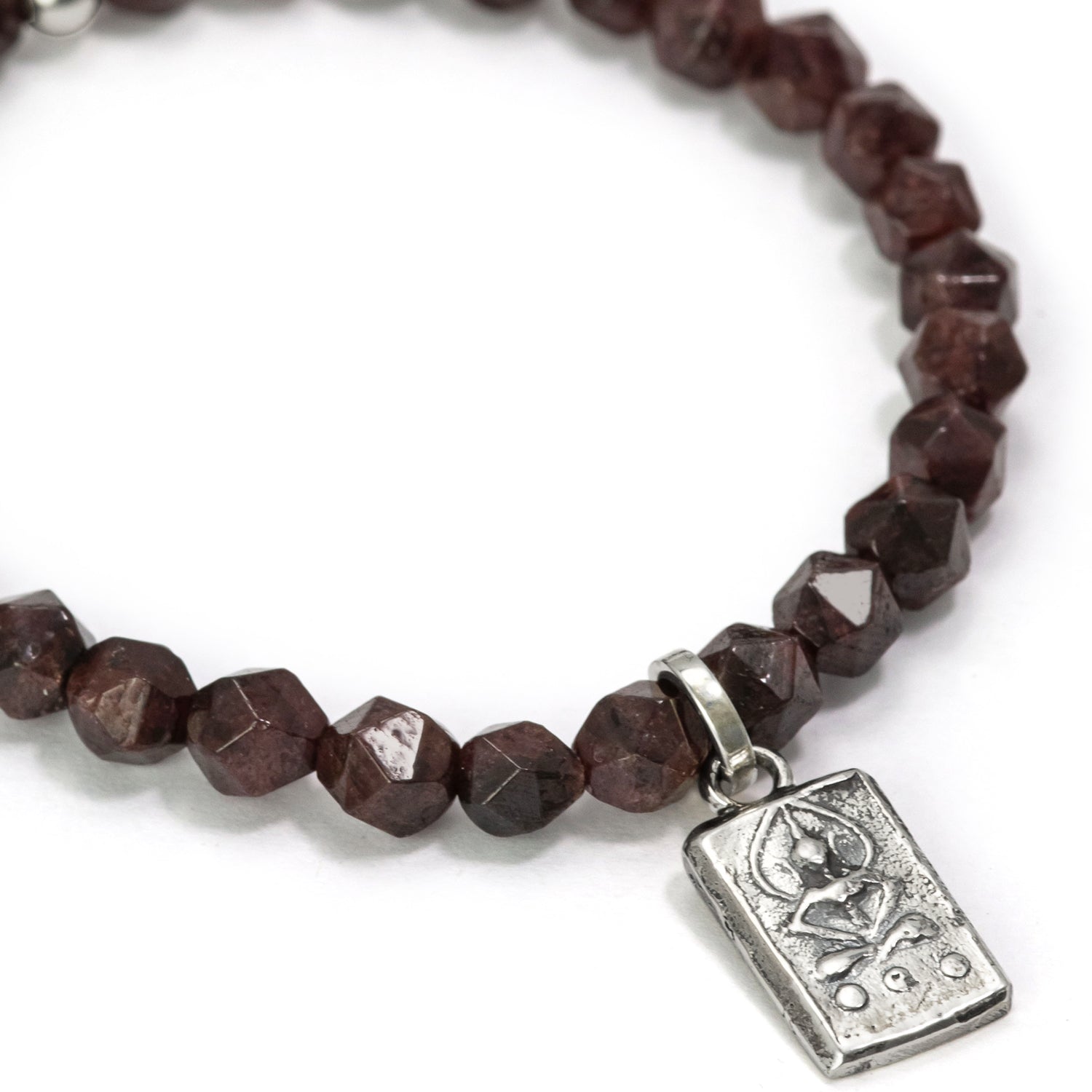 Buddha bracelet with irregularly cut garnet gemstones and sterling silver pendant from ETERNAL BLISS - Spiritual jewelry