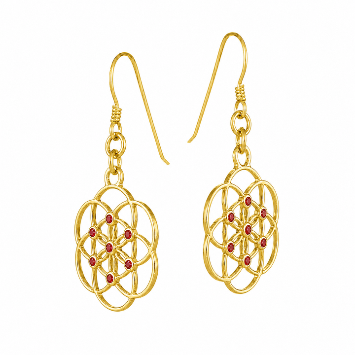 Gold-plated "Seed of Life" earrings with 7 rubies—a symbol of primordial energy—handcrafted from sterling silver by Eternal Bliss, side view