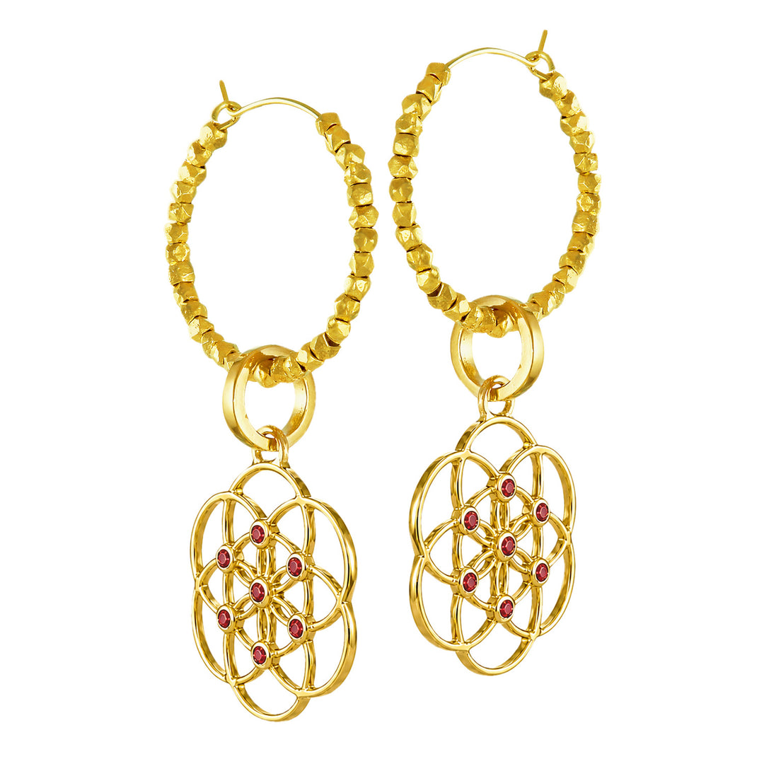 Gold-plated Seed of Life hoop earrings with Bali beads and rubies by Eternal Bliss – Spiritual jewelry