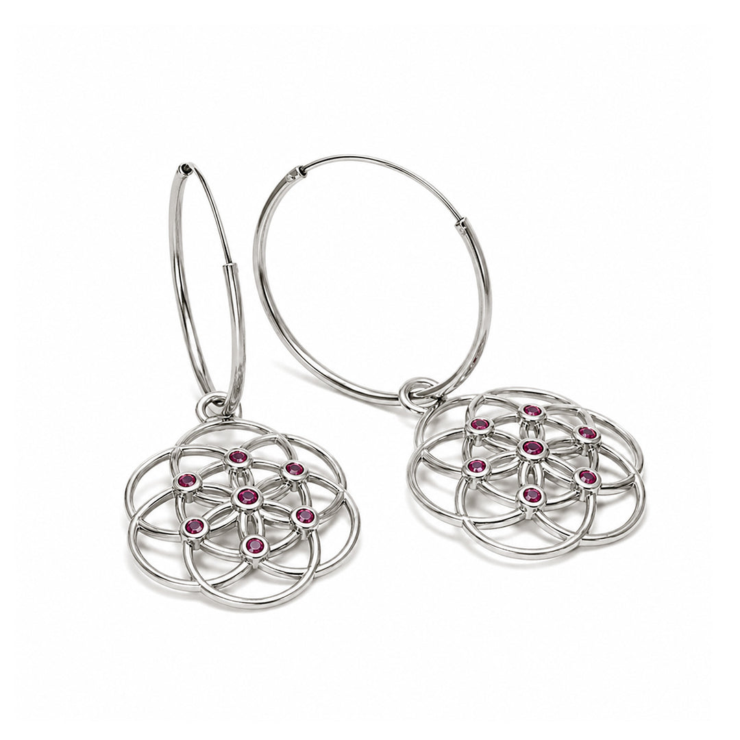 Samen-des-Lebens-Kreolen aus Sterling Silber mit jeweils 7 Rubinen von ETERNAL BLISS - Spiritueller Schmuck