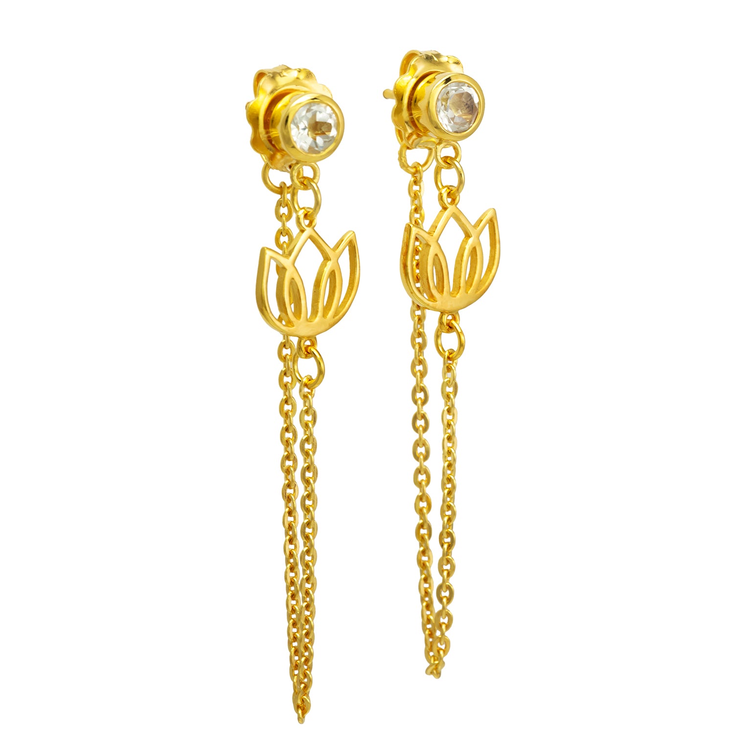 Gold-plated lotus earrings with rock crystal and a fine chain by ETERNAL BLISS - Spiritual Jewelry