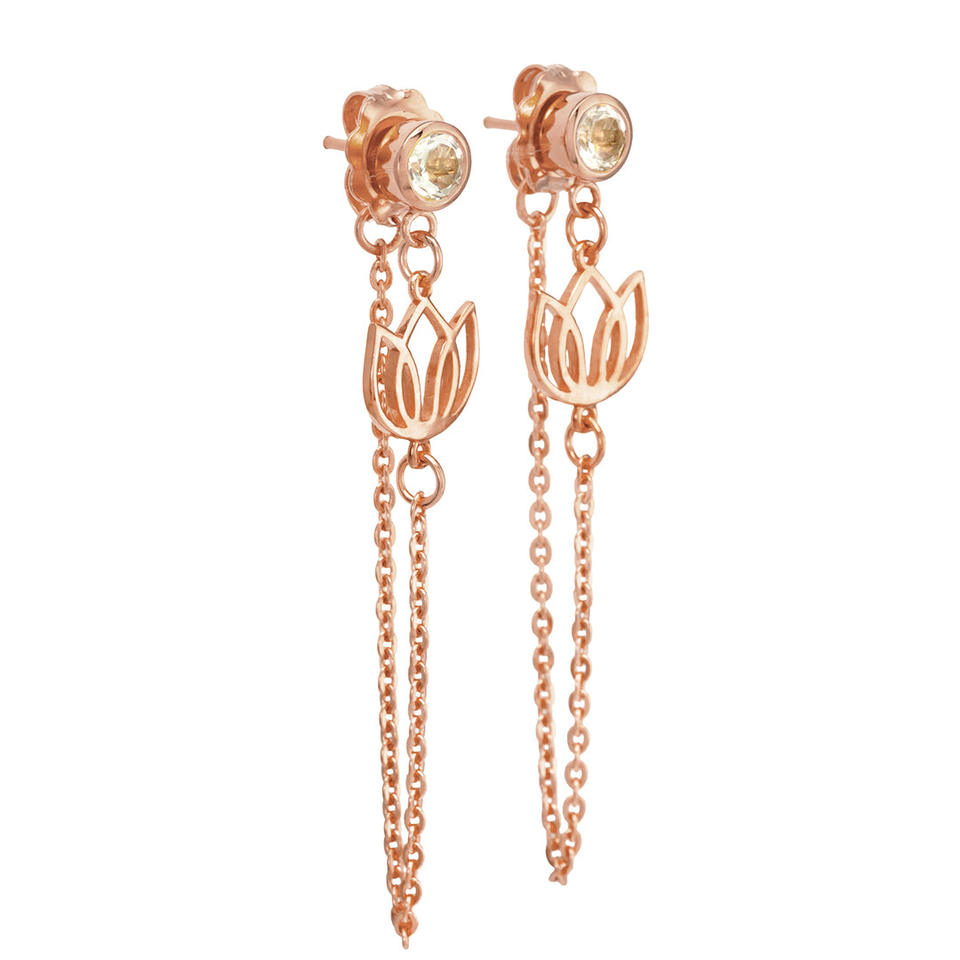 Rosegold-plated lotus earrings with rock crystal and a fine chain by ETERNAL BLISS - Spiritual Jewelry