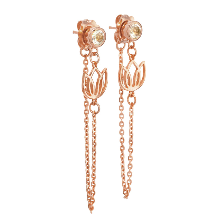 Rosegold-plated lotus earrings with rock crystal and a fine chain by ETERNAL BLISS - Spiritual Jewelry