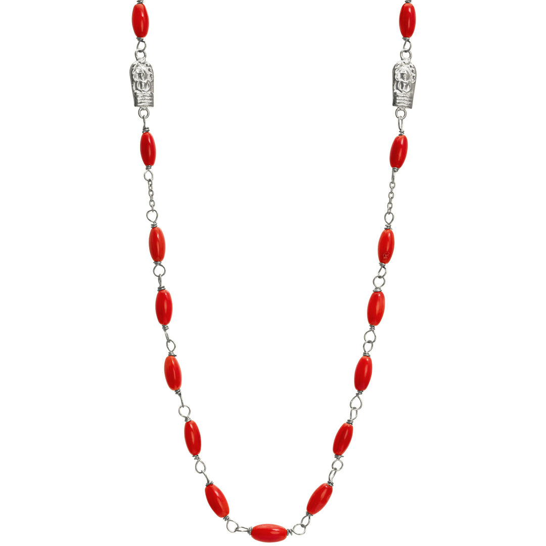 Edelsteinkette mit Korallenperlen und Buddha-Emblemen aus hochwertigem Sterling Silber von Eternal Bliss