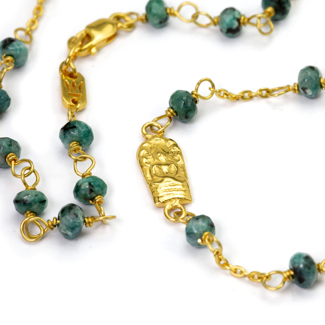 Gemstone necklace with jade beads and Buddha emblems made of high-quality gold-plated sterling silver by Eternal Bliss