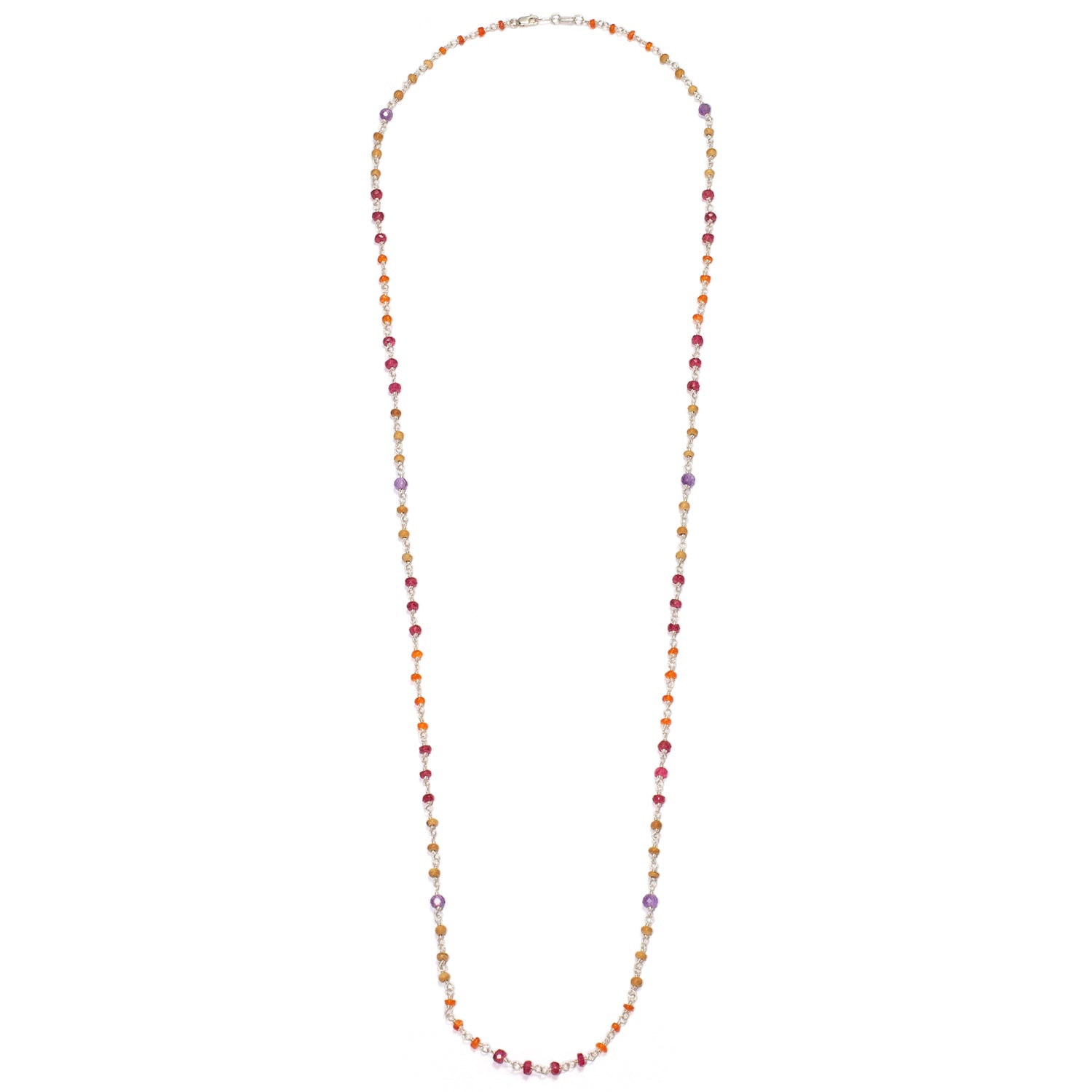 Gesamtansicht der Edelstein-Halskette "Prana" aus hochwertigem Sterling Silber mit Rubinen, Karneolen, Amethyst und Sandelholz von Eternal Bliss