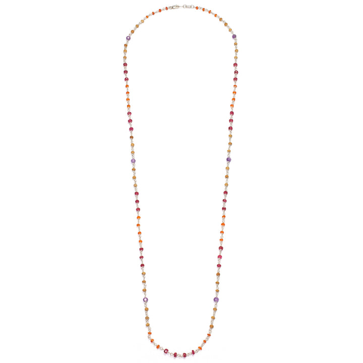 Gesamtansicht der Edelstein-Halskette "Prana" aus hochwertigem Sterling Silber mit Rubinen, Karneolen, Amethyst und Sandelholz von Eternal Bliss