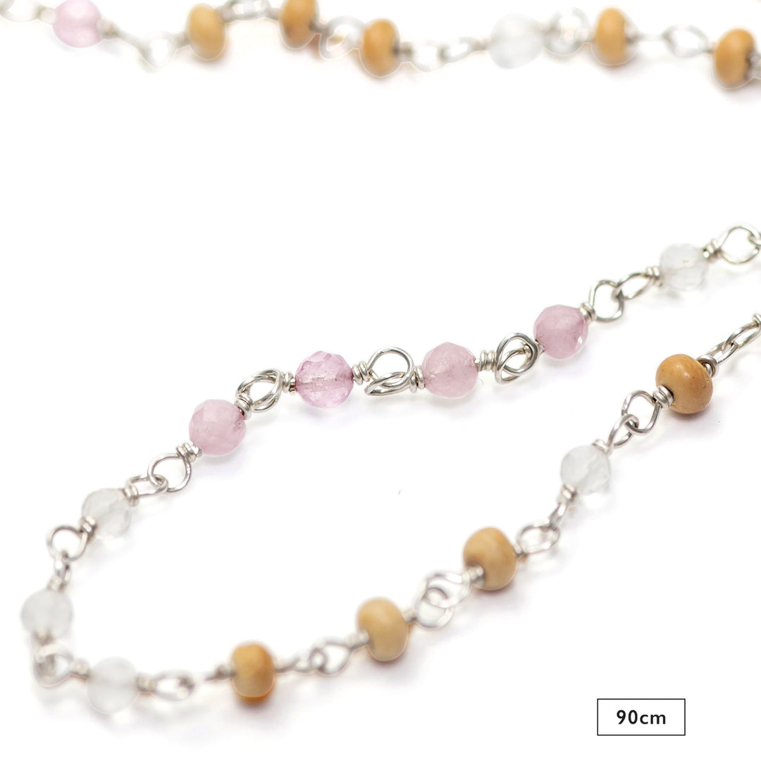 Detail of 90cm gemstone necklace "Mental Flow" made of sterling silver with lavender, rock crystal, and sandalwood by Eternal Bliss