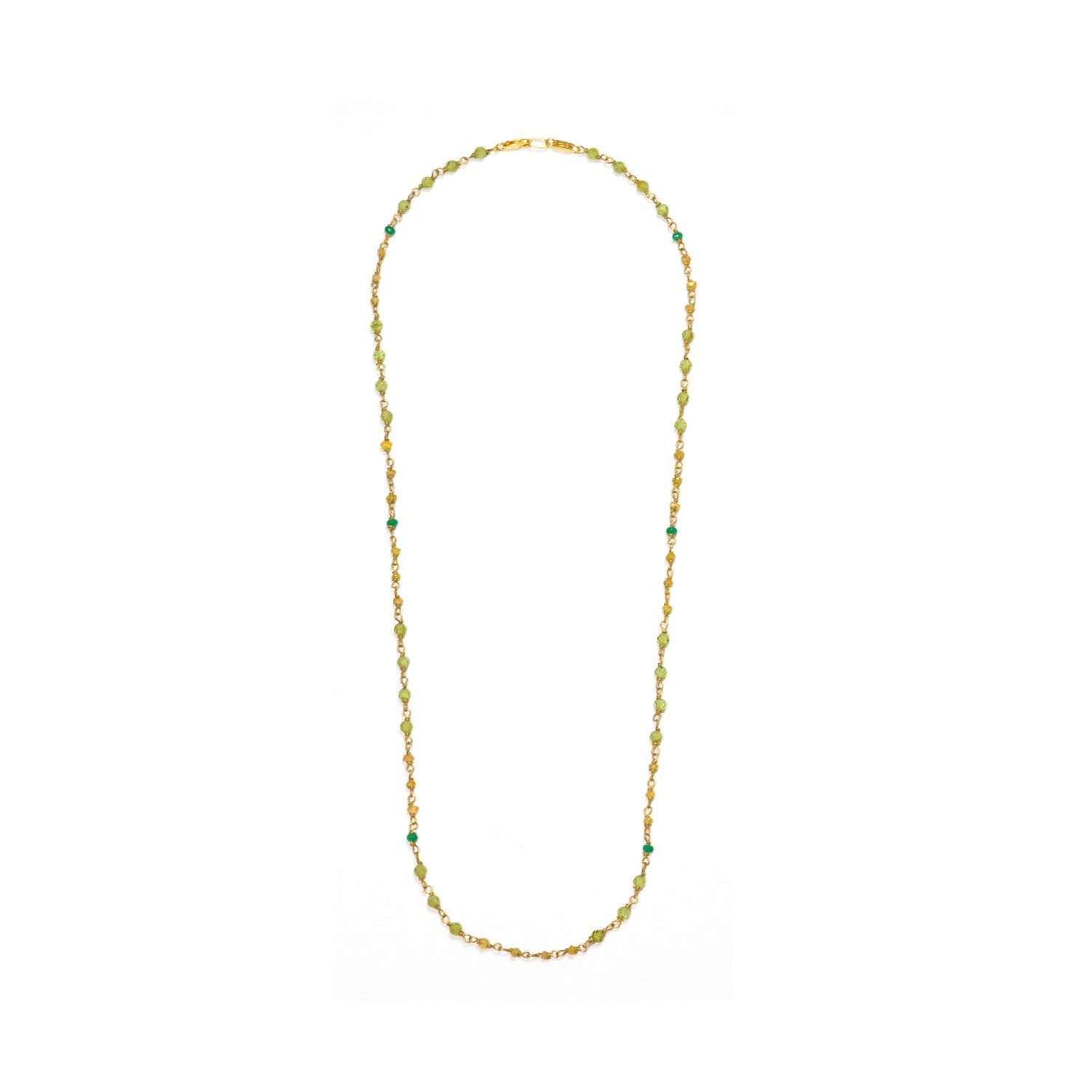 Übersicht von Detail von Edelstein-Halskette "Inspiration" in 60cm Länge aus Sterling Silber vergoldet mit Smaragd, Saphir, Peridot und Sandelholz von Eternal Bliss