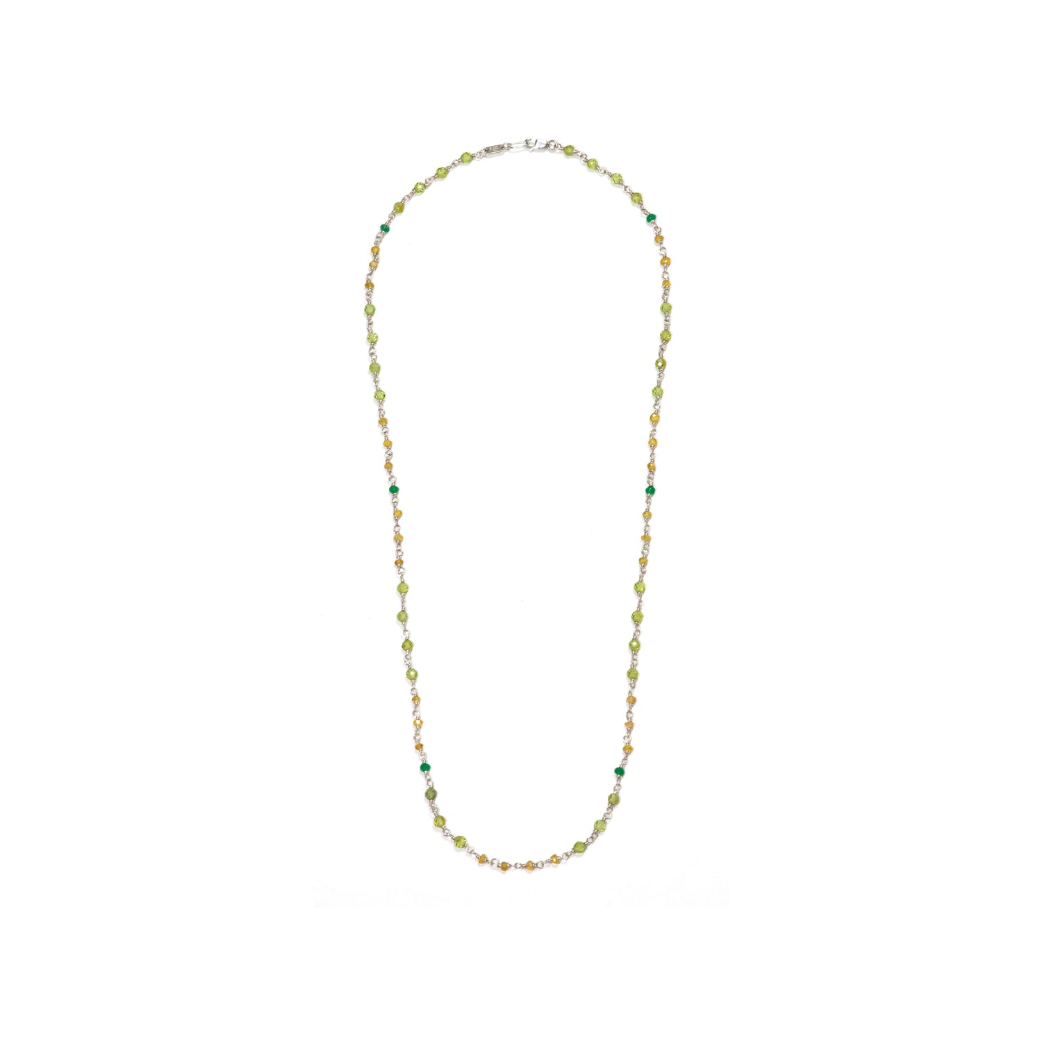 Übersicht von Edelstein-Halskette "Inspiration" in 60cm Länge aus hochwertigem Sterling Silber mit Smaragd, Saphir, Peridot und Sandelholz von Eternal Bliss