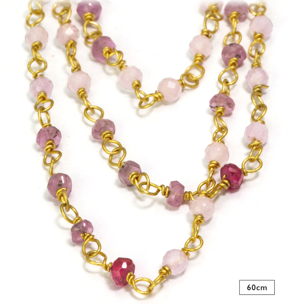 Detail of 60cm gemstone necklace "Sakura" made of high-quality gold-plated sterling silver with ruby, rock crystal, and lavender by Eternal Bliss