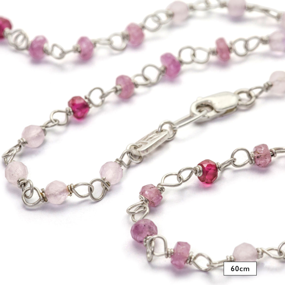 Detail of gemstone necklace "Sakura" made of high-quality sterling silver with ruby, rock crystal and lavender by Eternal Bliss