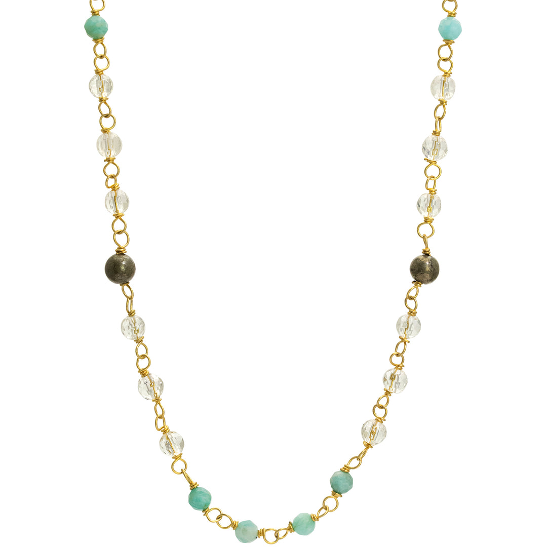 Edelstein-Halskette "Jin Tao" aus hochwertig vergoldetem Sterling Silber mit Aquamarin, Bergkristall und Hämatit von Eternal Bliss