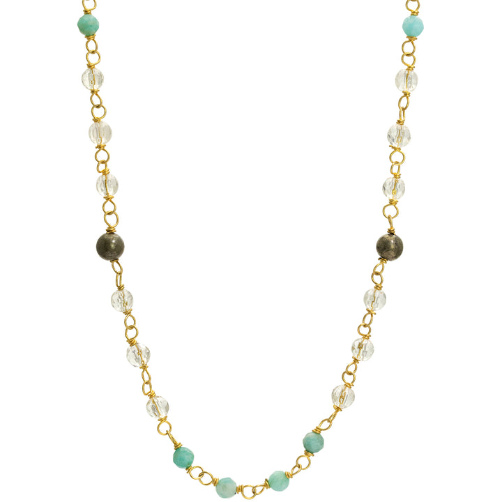 Edelstein-Halskette "Jin Tao" aus hochwertig vergoldetem Sterling Silber mit Aquamarin, Bergkristall und Hämatit von Eternal Bliss