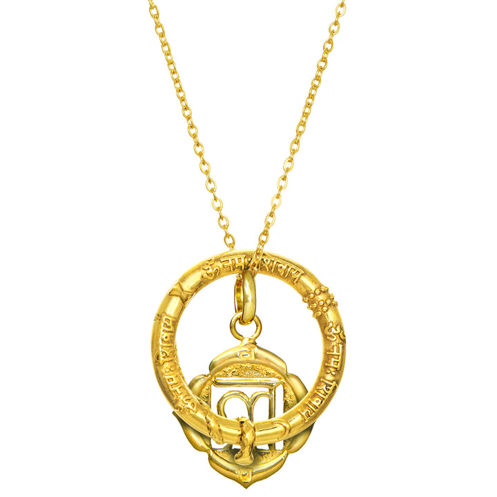 Vergoldete Halskette Essenz-des-Seins aus einem Shiva-Mantra- und einem Wurzel-Chakra-Anhänger 