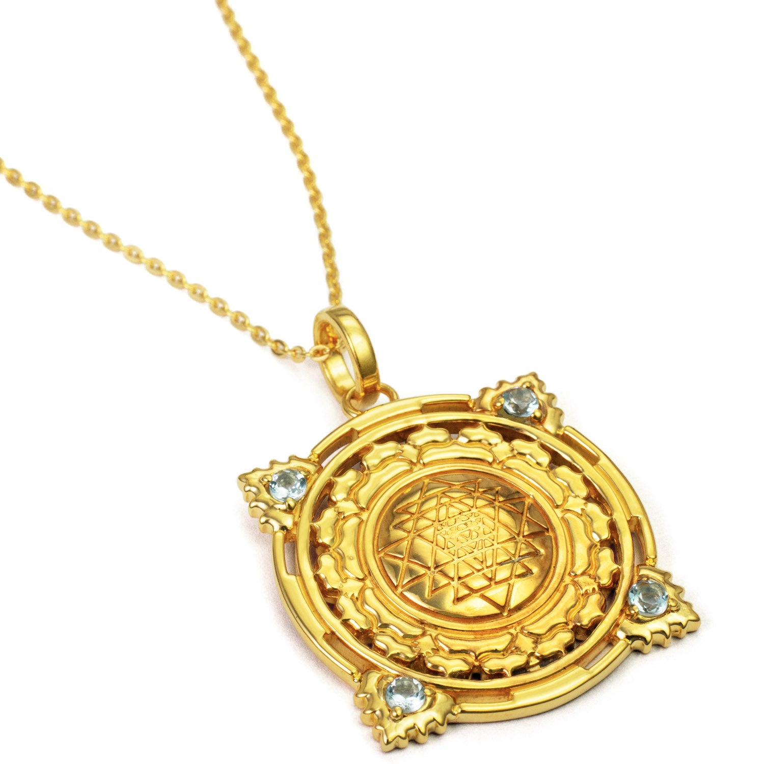 Gold-plated Sri Yantra pendant with aquamarines by ETERNAL BLISS - Spiritual Jewellery