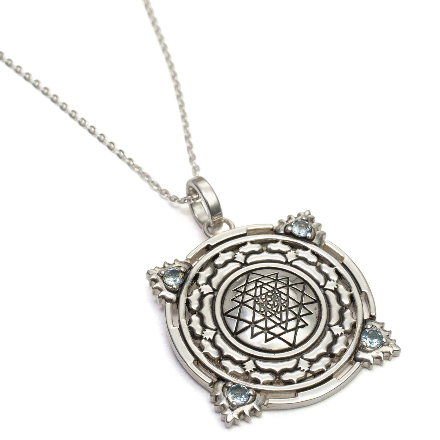 Sri Yantra pendant with 4 aquamarines in Sterling silver