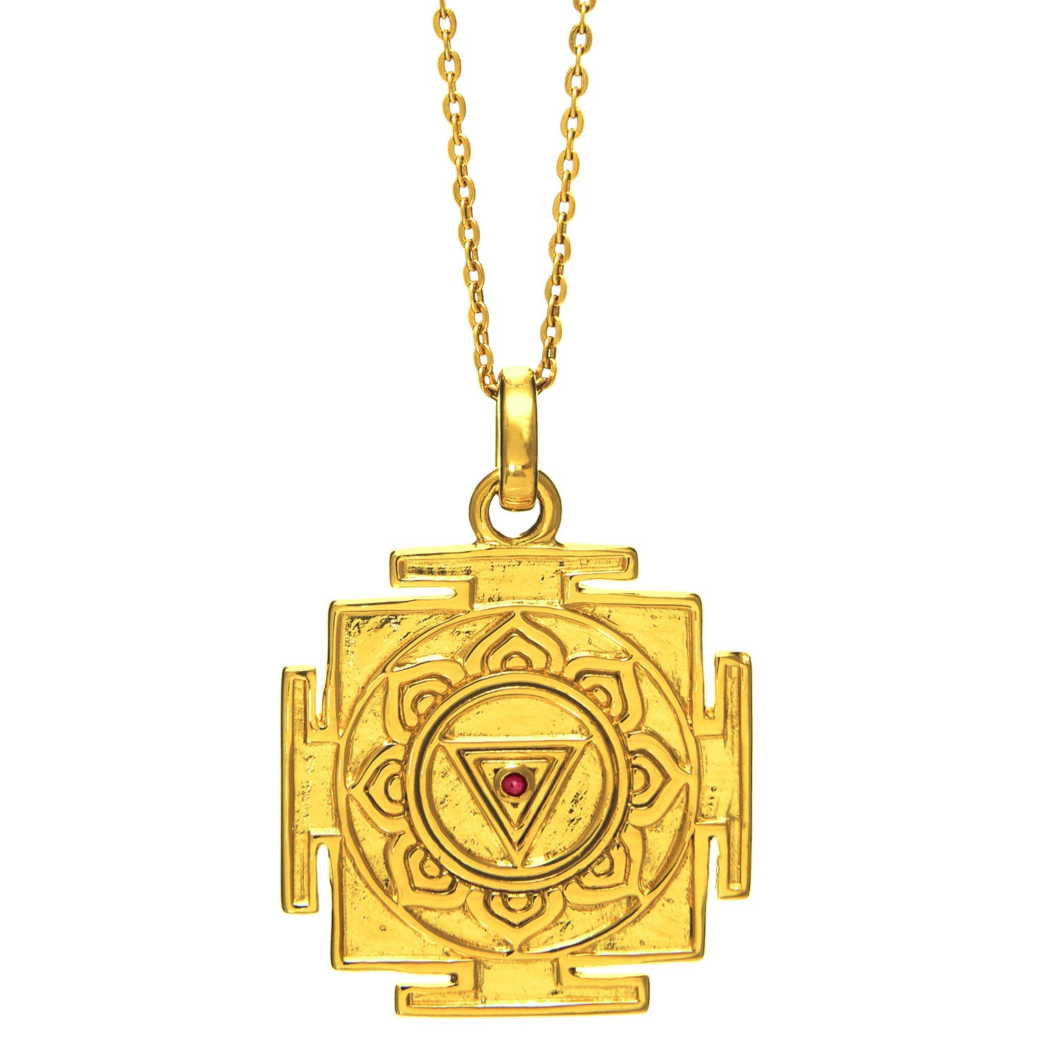 Kali Yantra Anhänger mit Rubin vergoldet mit Kette von ETERNAL BLISS - Spiritueller Schmuck