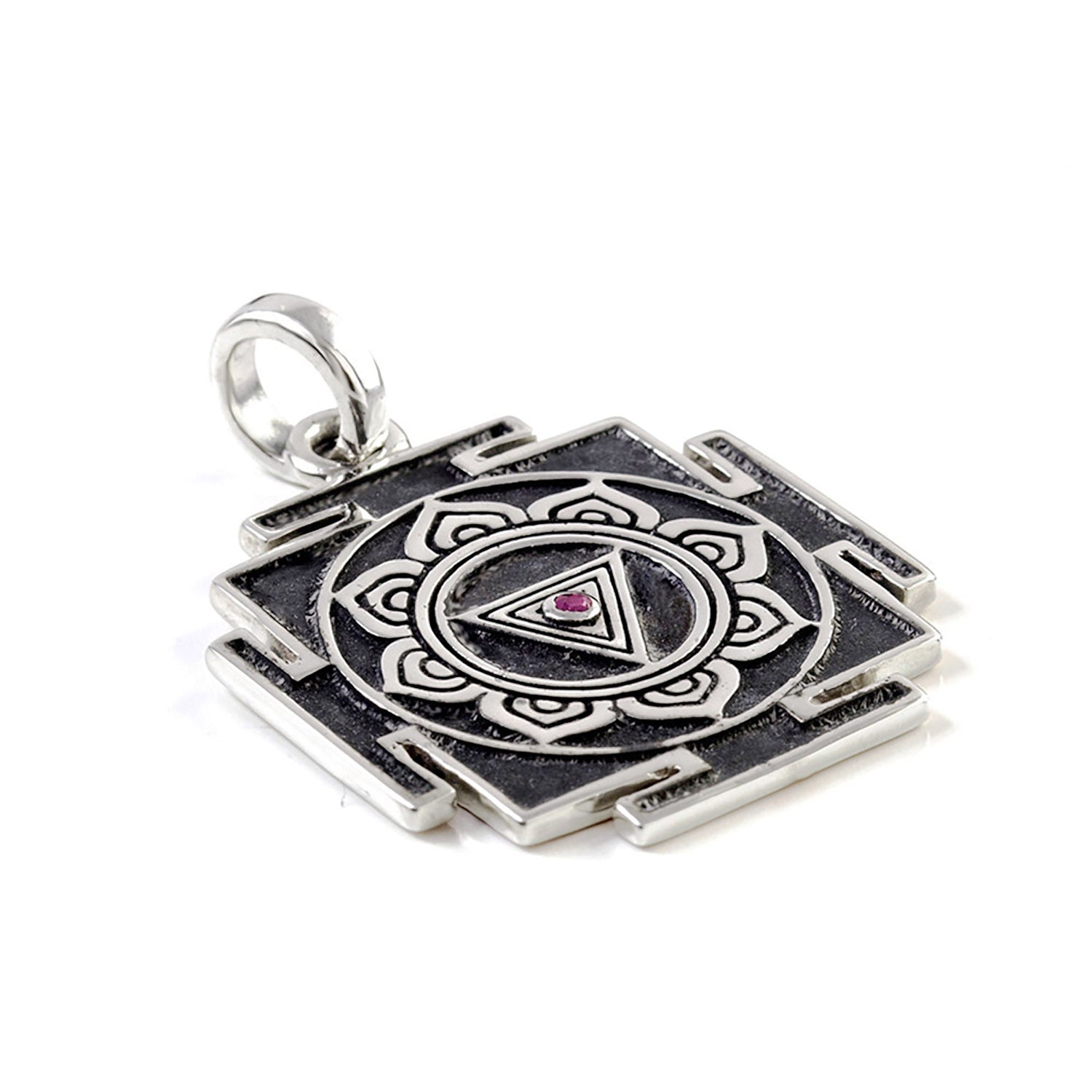 Kali Yantra pendant with ruby and blackened parts made of sterling silver with chain from ETERNAL BLISS - Spiritual jewelry