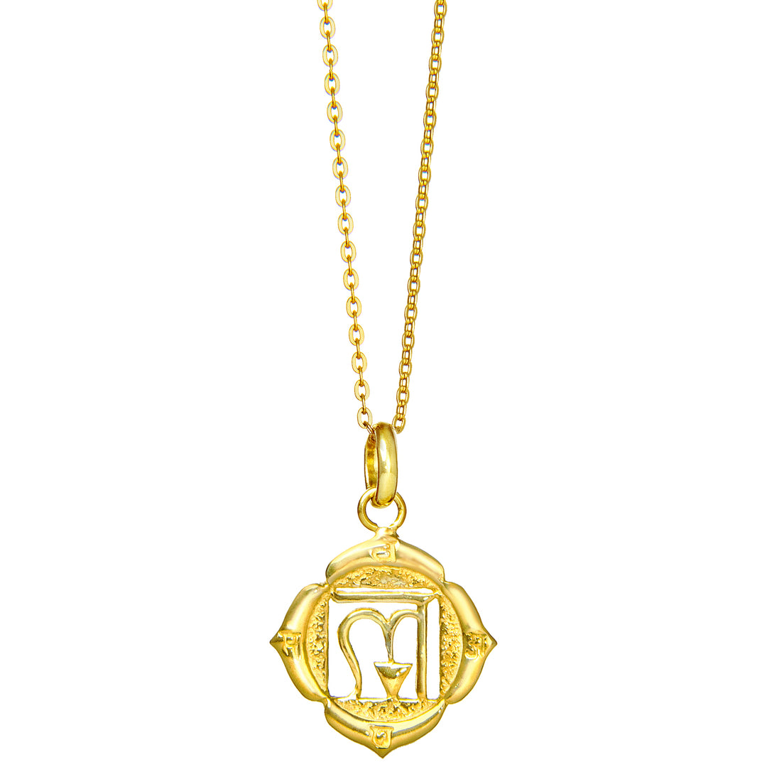 Basis oder Wurzel Chakra Anhänger ( auch Muladhara Chakra) mit Beej Mantra vergoldet an einer feinen Halskette von ETERNAL BLISS - Spiritueller Schmuck