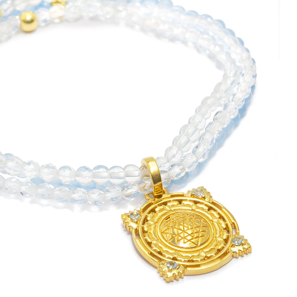 Gold-plated Sri Yantra gemstone bracelet with aquamarines by ETERNAL BLISS - Spiritual Jewellery