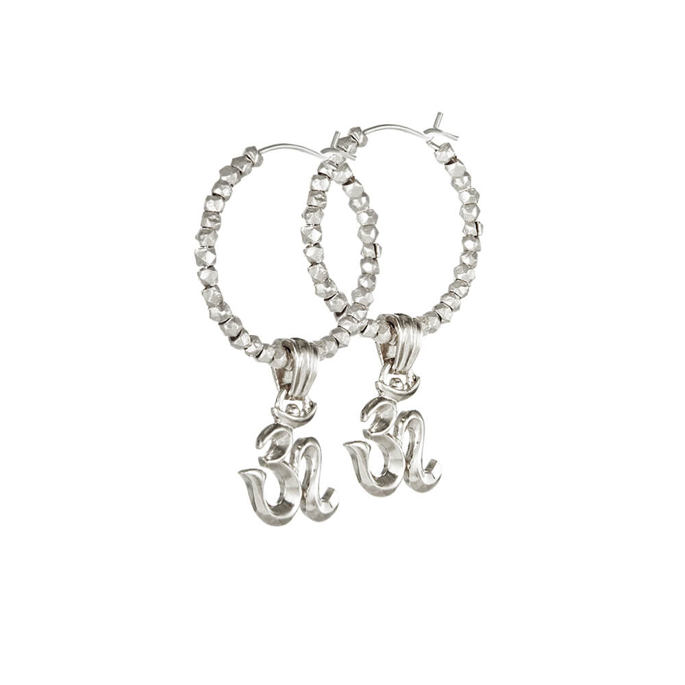Silver Om mini hoop earrings with tebitian beads by ETERNAL BLISS - Spiritual Jewellery
