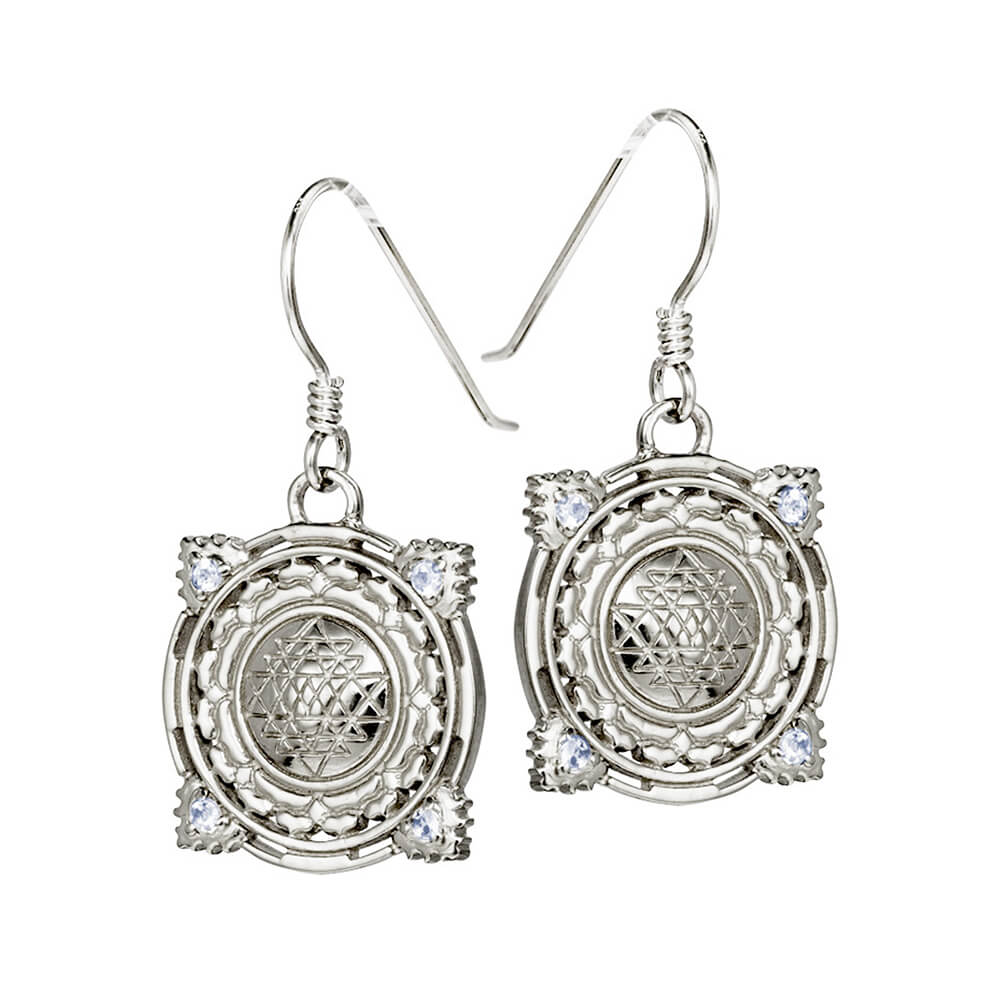 Sri Yantra earrings with Aquamarines mini silver  by ETERNAL BLISS - Spiritual Jewellery