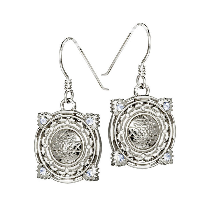 Sri Yantra earrings with Aquamarines mini silver  by ETERNAL BLISS - Spiritual Jewellery