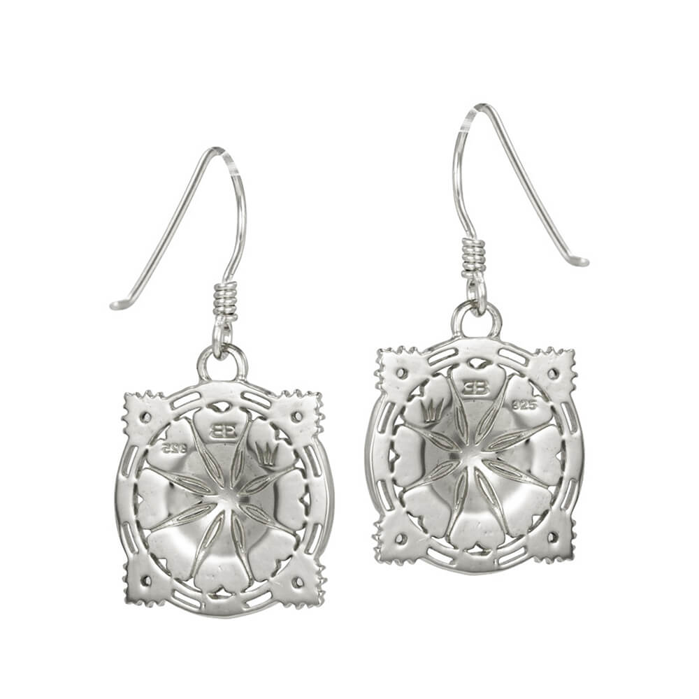 Hochwertig gearbeitete Rückansicht der runden Sri Yantra Ohrhänger mit Aquamarinen Mini Silber