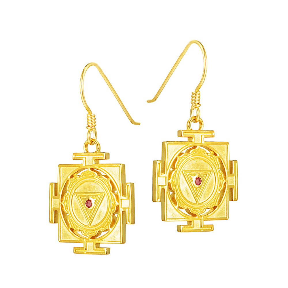 Gold-plated Kali Yantra earrings with rubx  by ETERNAL BLISS - Spiritual Jewellery