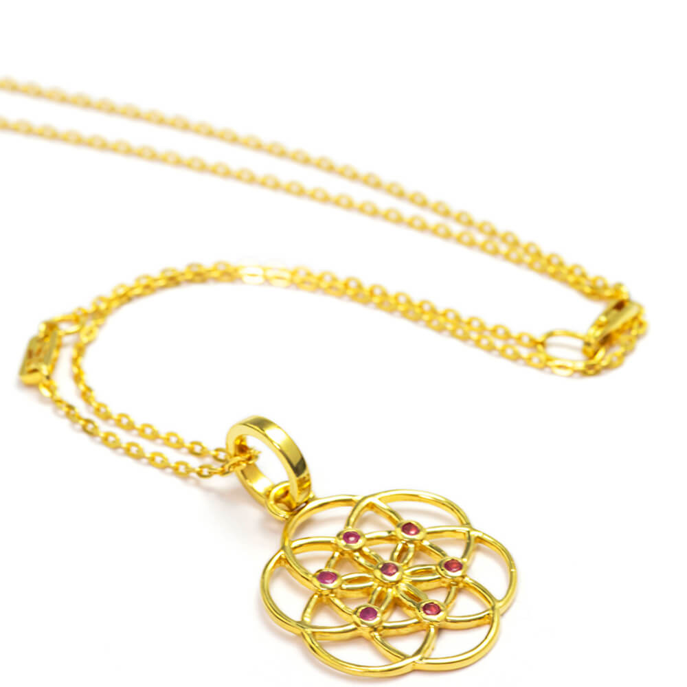 Seed of Life pendant made of gold-plated sterling silver with rubies from the spiritual yoga jewellery collection
