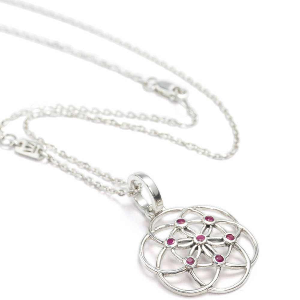 Seed of Life pendant made of sterling silver with rubies from the spiritual yoga jewellery collection
