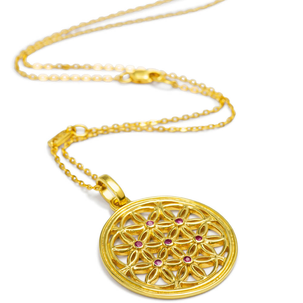 Flower of Life pendant made of gold-plated sterling silver with rubies from the spiritual yoga jewellery collection
