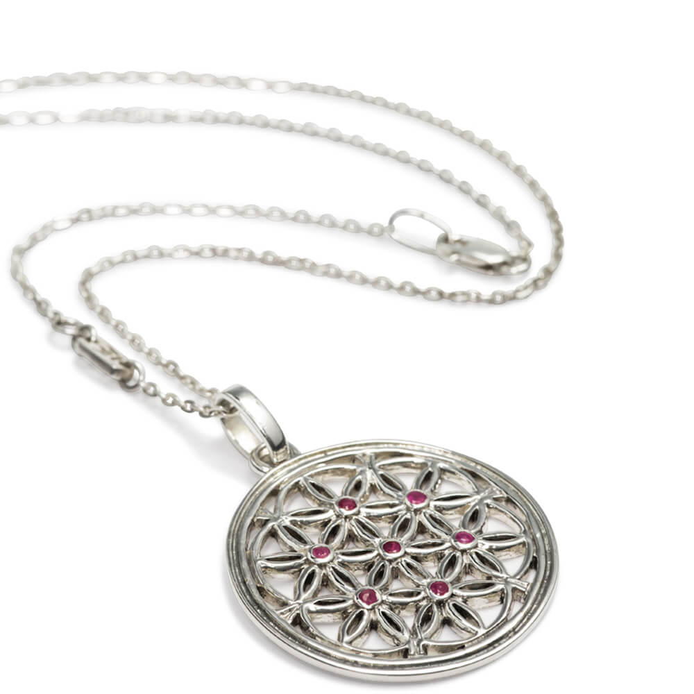 Flower of Life pendant made of sterling silver with rubies from the spiritual yoga jewellery collection