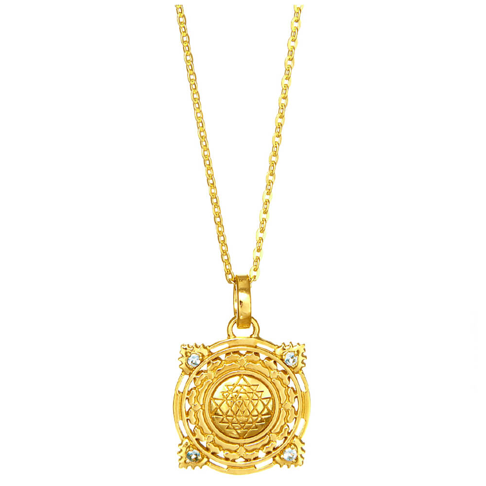 Sri Yantra Anhänger mini vergoldet  mit Aquamarinen mit Kette von ETERNAL BLISS - Spiritueller Schmuck