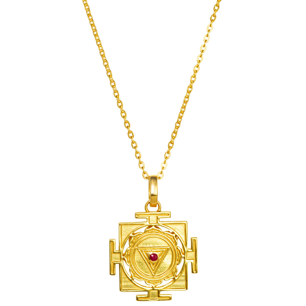 Kali Yantra Anhänger mini mit Rubin vergoldet mit Kette von ETERNAL BLISS - Spiritueller Schmuck