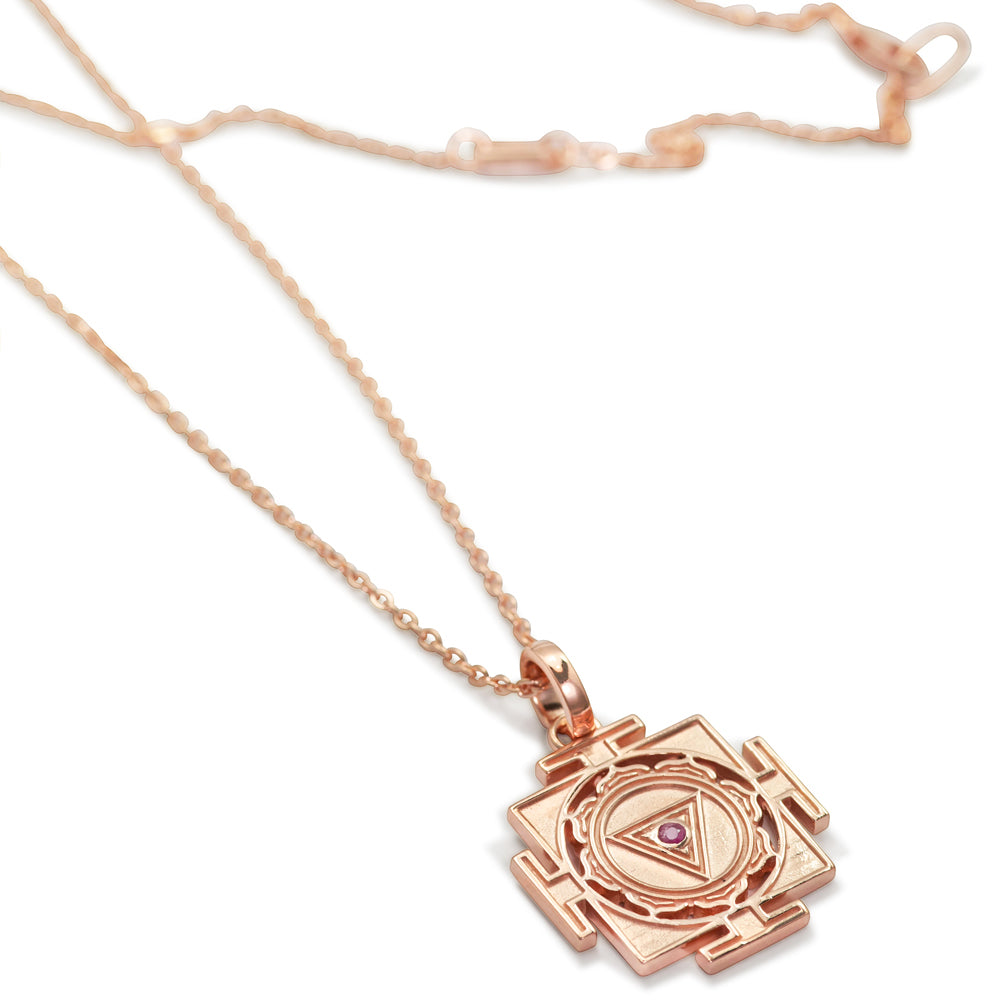 Rose Gold-plated Kali Yantra pendant mini with ruby by ETERNAL BLISS - Spiritual Jewellery
