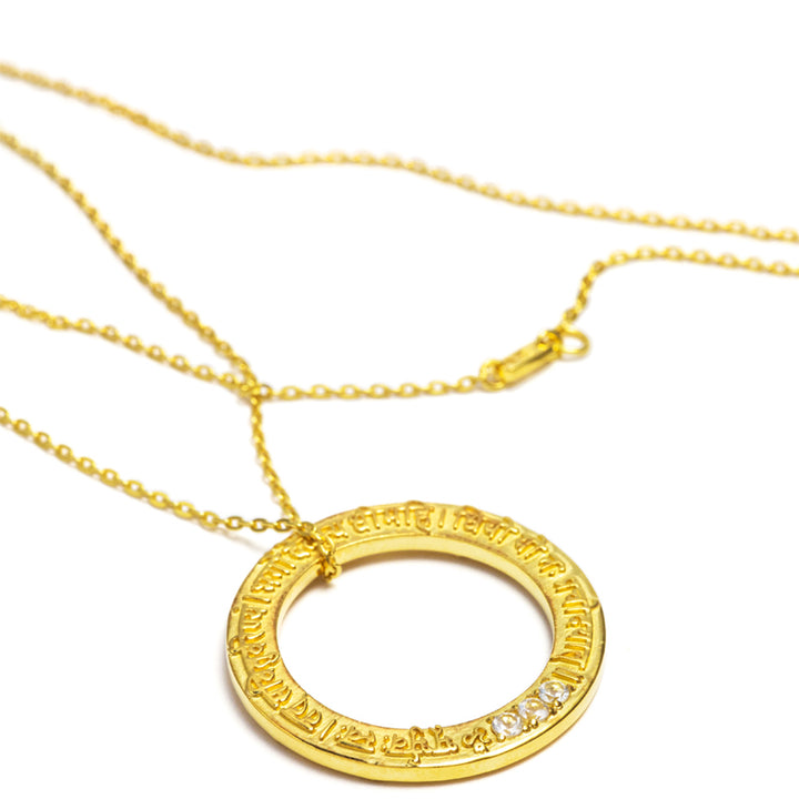 Gayatri Mantra Pendant with 3 Clear Quartz Gemstones in Gold Plated Sterling Silver by Eternal Bliss from the Yoga Jewelry Collection