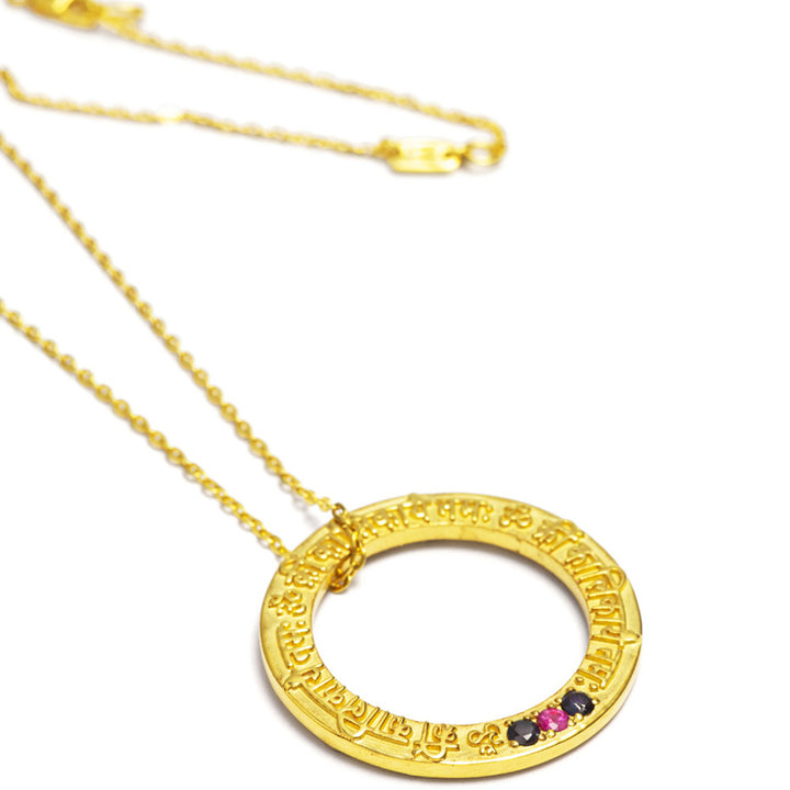 Kali Mantra pendant in gold plated sterling silver with ruby ​​and sapphire gemstones from ETERNAL BLISS from the Spiritual Yoga jewelry collection